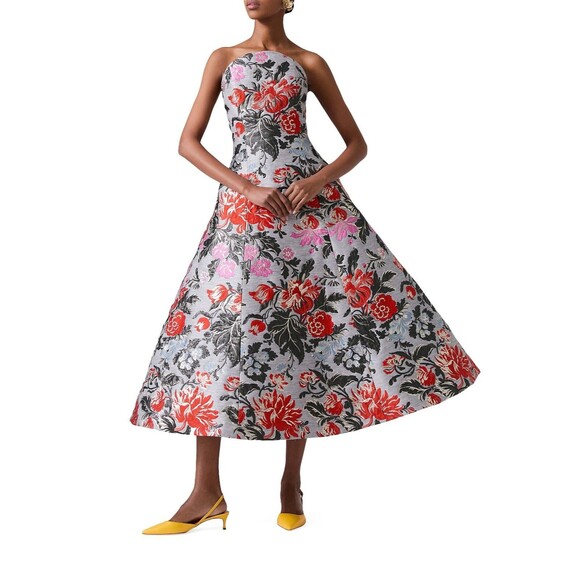 $5490 Carolina Herrera Floral Jacquard Strapless Curved Neck Midi Dress Size 6